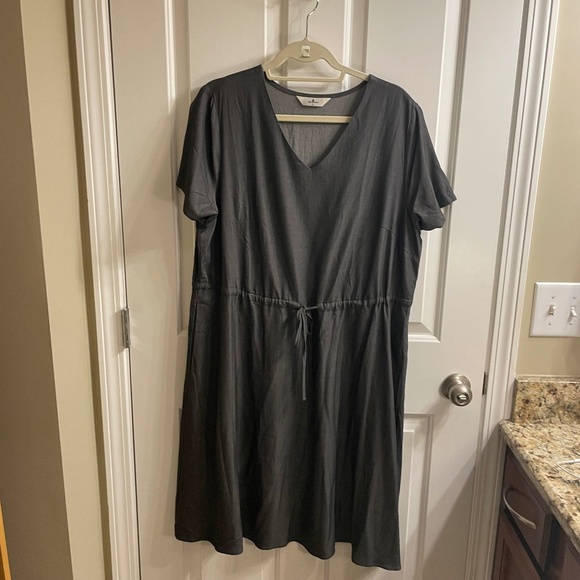 Agnes Orinda Women's Plus Size Tie Waist Short Sleeve Gray Chambray Dress, 1X - Picture 1 of 5